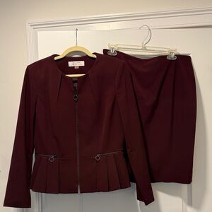 Tahari Women's Burgundy Pencil Skirt Set with Zip Peplum Jacket size 10